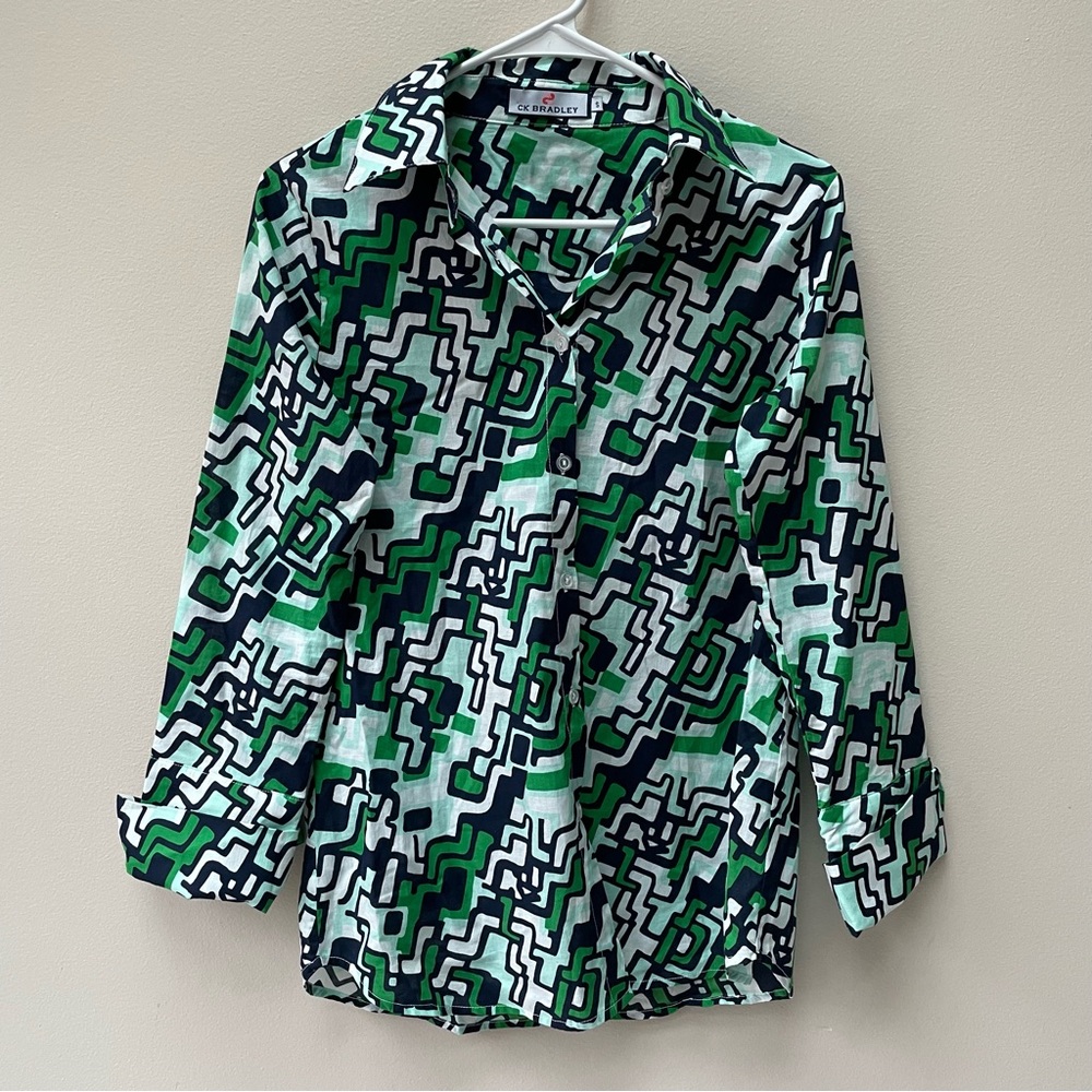 CK Bradley 100% Cotton Geometric Kelly Green Line Art Button Down Shirt Size S